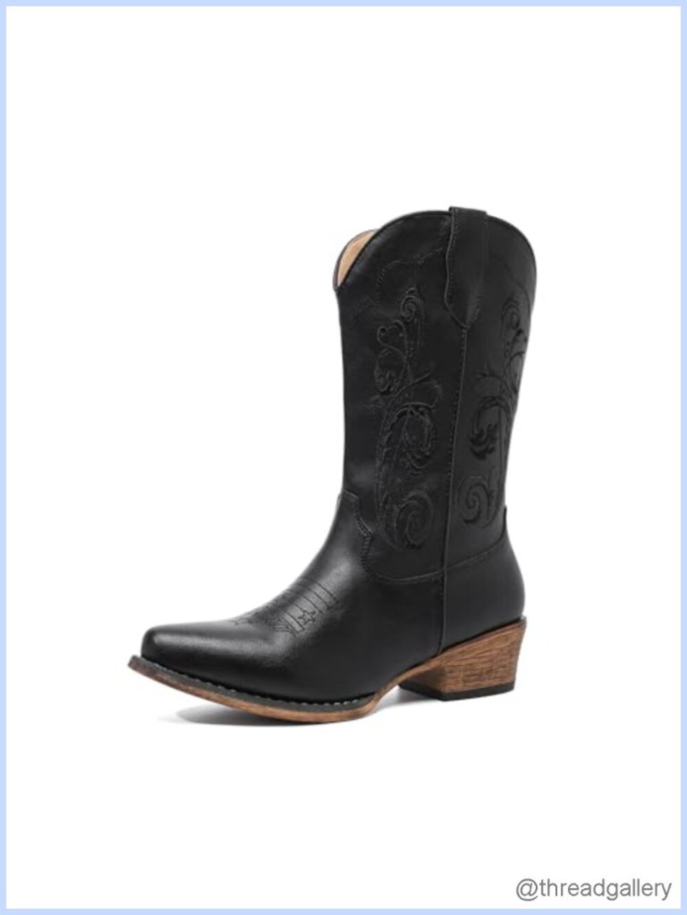Women's Embroidered Leather Western Cowboy Mid-Calf Boots Pointed Toe